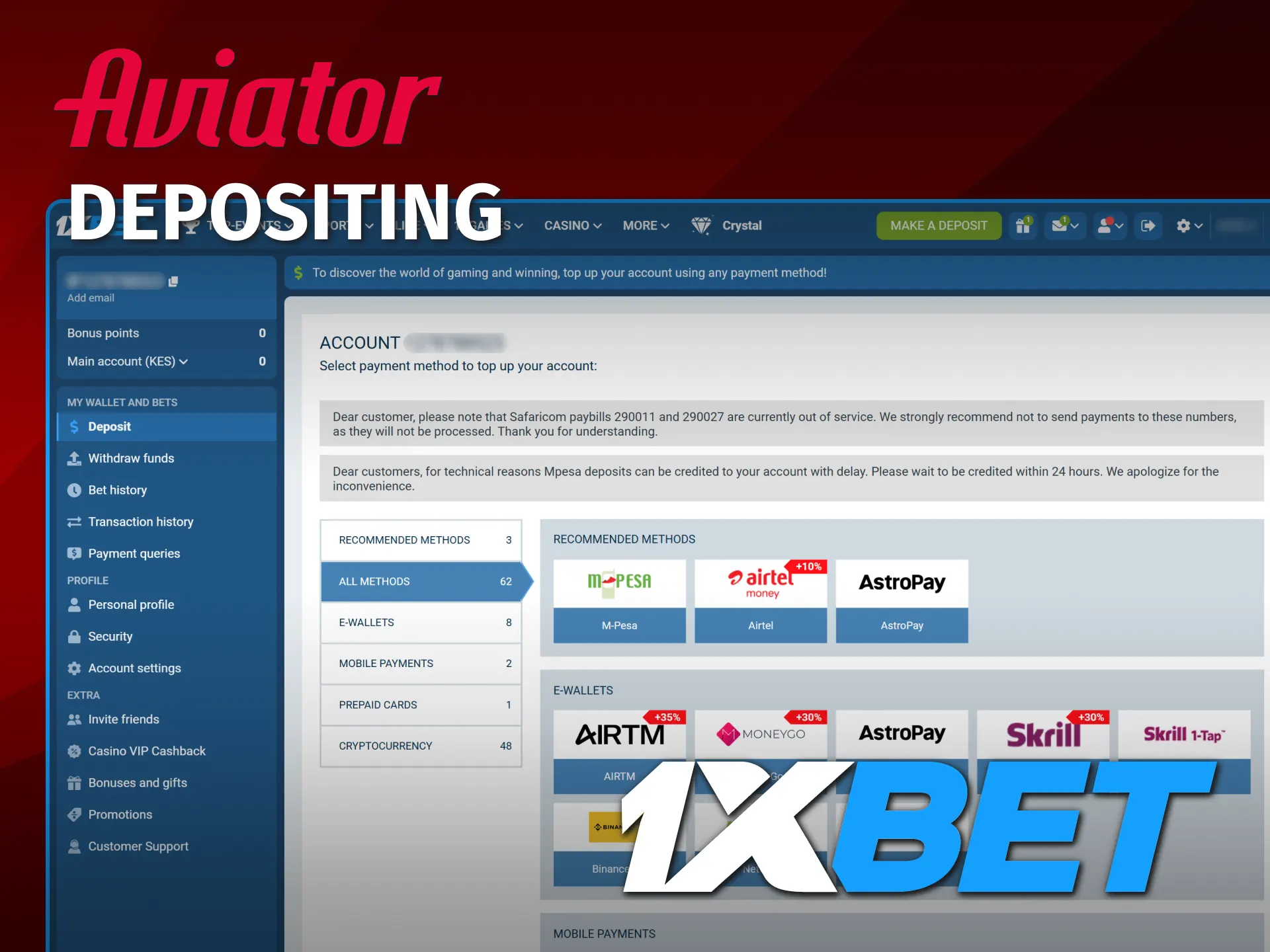 Find a variety of 1xBet Aviator deposit methods in Kenya.