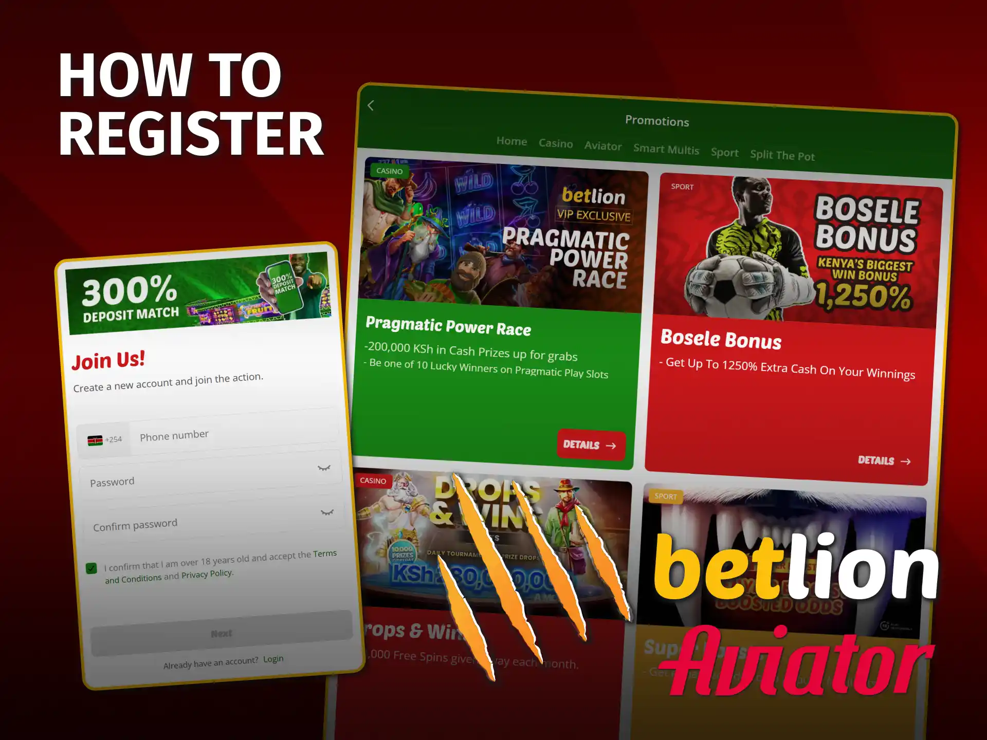 Register on BetLion Kenya easily to play official Aviator game.