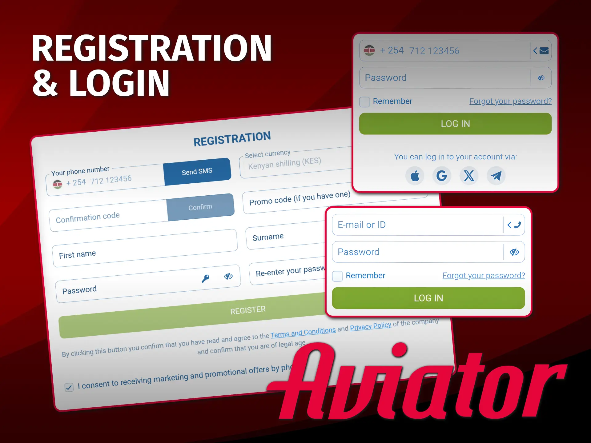 Register easily then log in to play Aviator in Kenya.