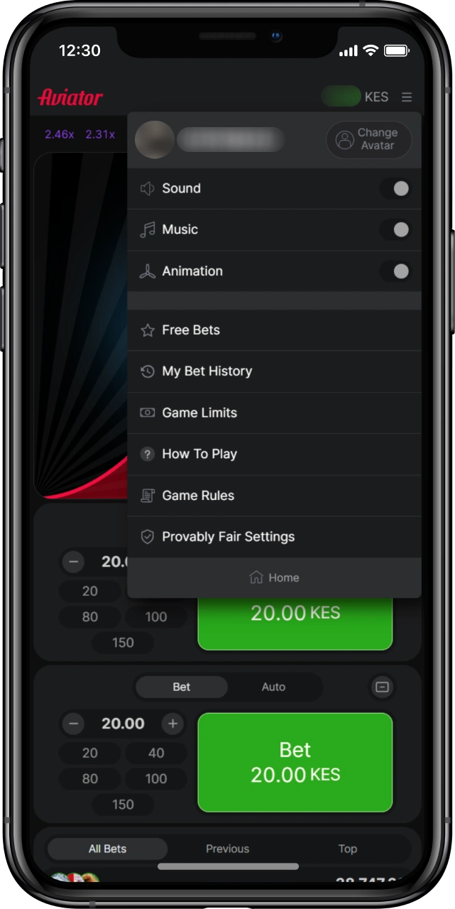 Explore the menu options of the Aviator game in Kenya.